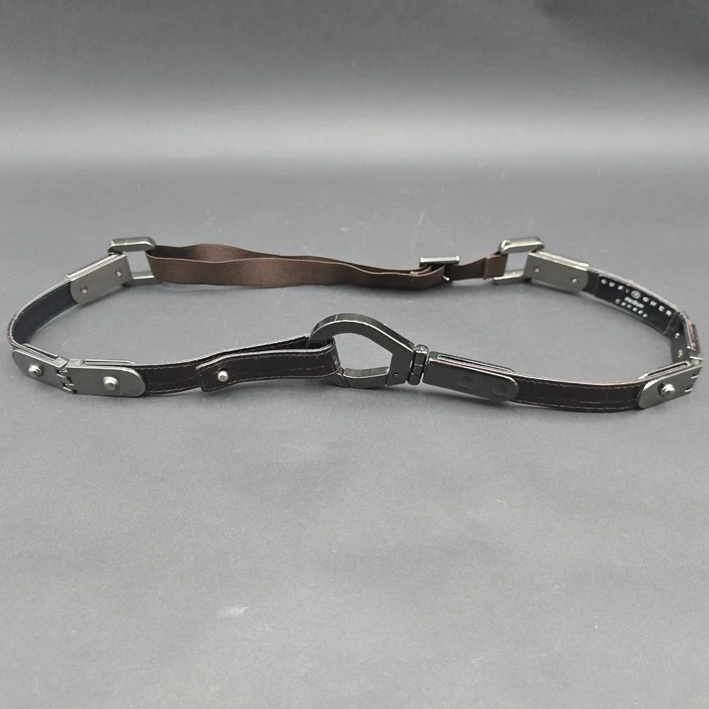 Suzi Roher Metal Leather Stretch Belt Brown Croc Gunmetal Carabiner Medium